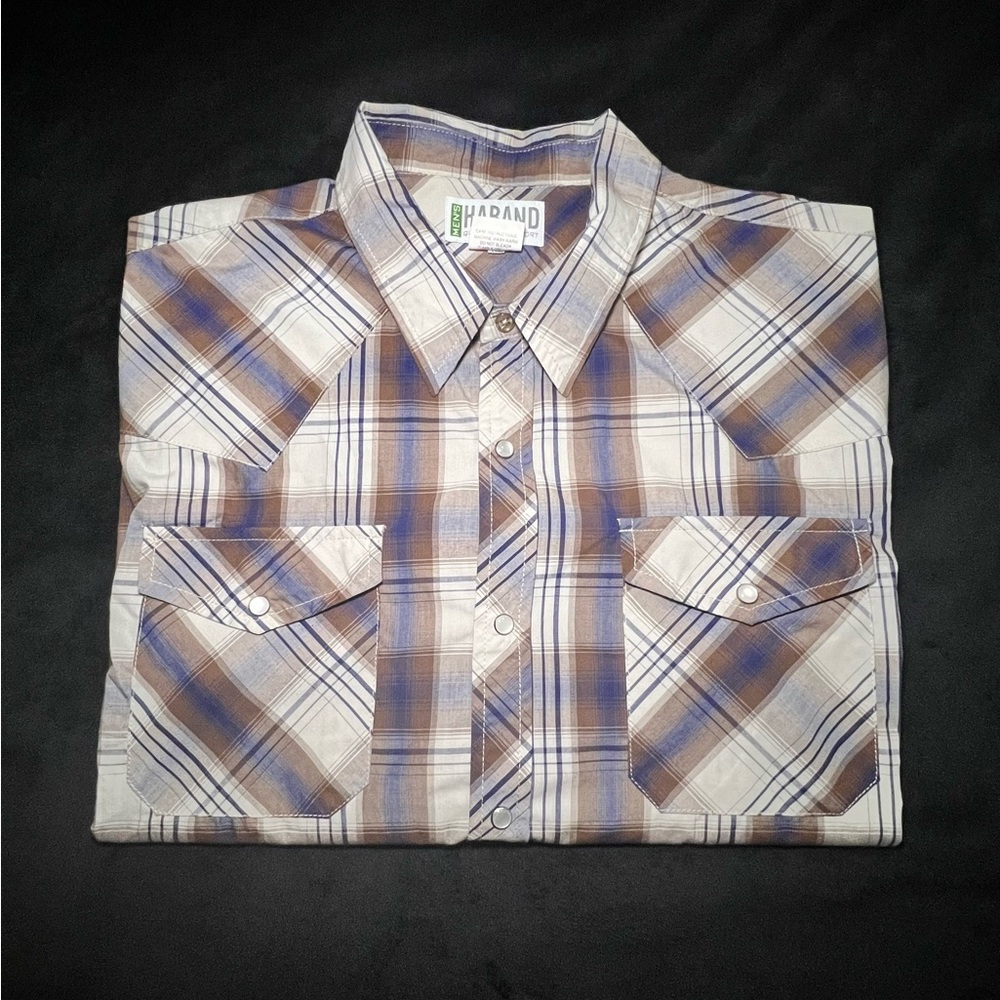 Haband Mens Western Shirt Short Sleeve Plaid Pearl Snap Buttons Size Large